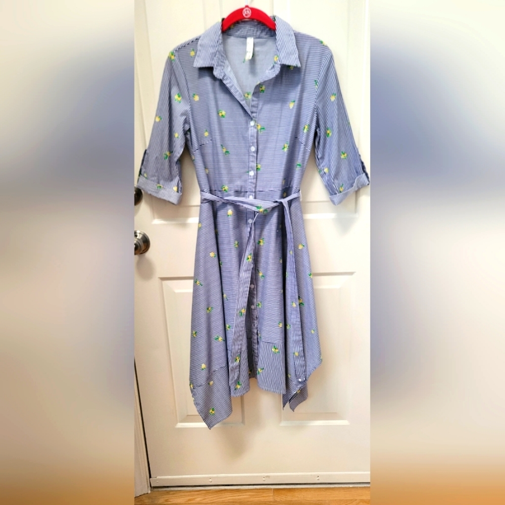 Asymmetrical Hem button up shirt midi dress blue stripe duster Small-never worn